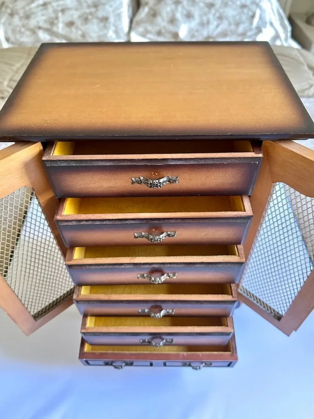 Vintage Solid Wood Sankyo-Japan Musical Jewelry Box Armoire With Drawers